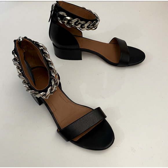 Givenchy Sandal Leather Chain Ankle Strap Black Open Toe Low Block Heel … - Picture 8 of 10